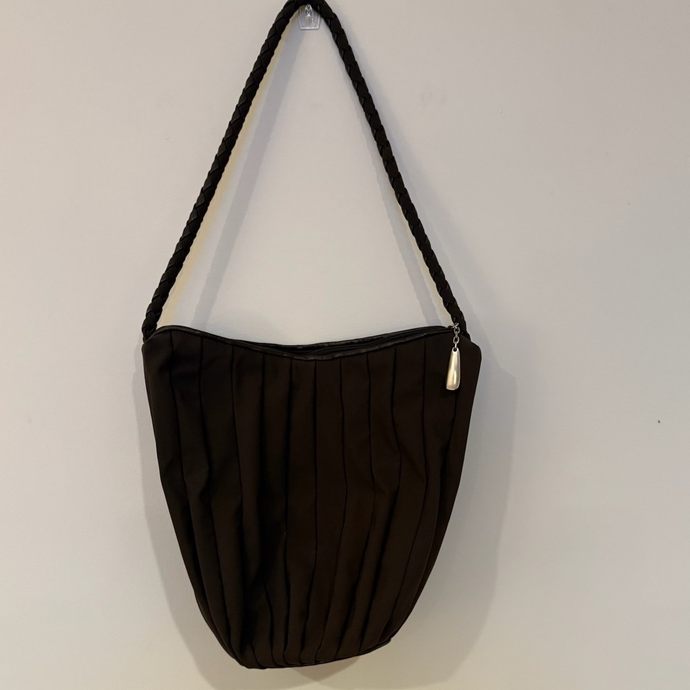 Donald J Pliner Brown Pleated‎ Shoulder Bag Braided Strap Vintage Designer Purse